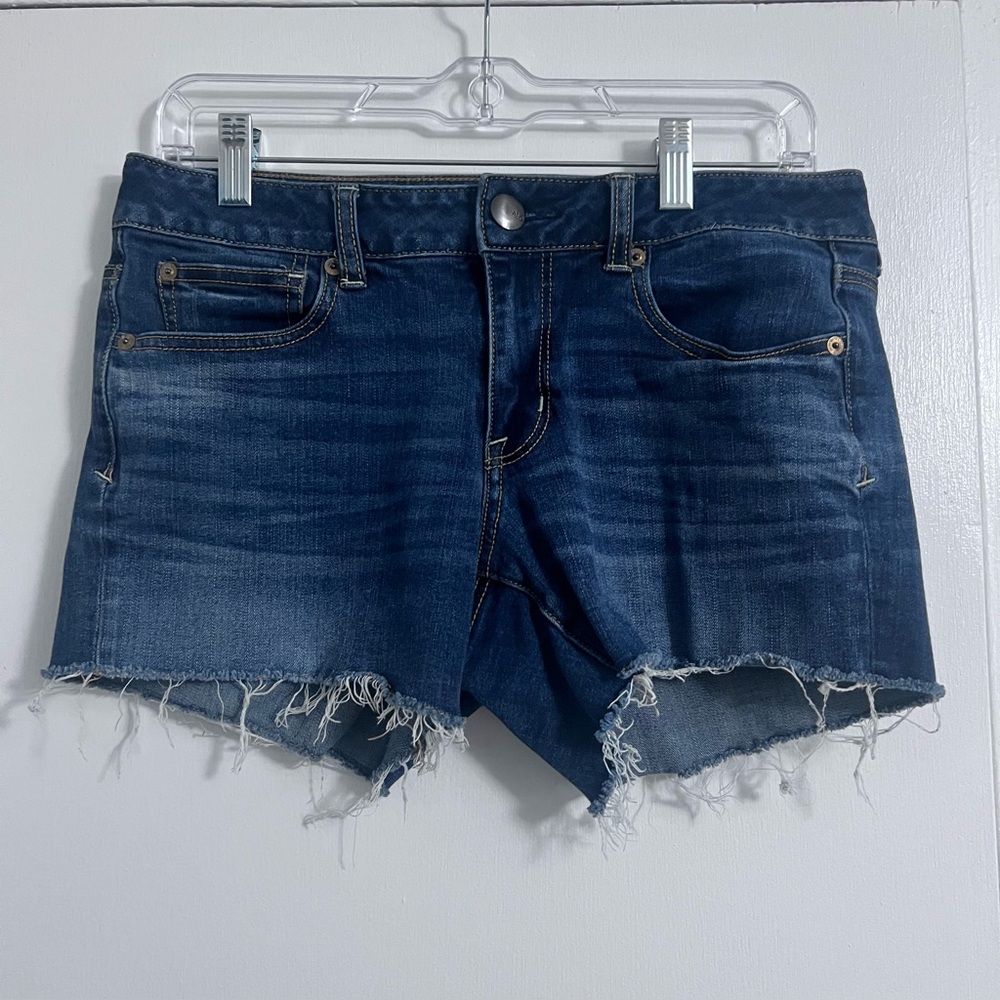 AMERICAN EAGLE Dark Wash Denim Shortie Shorts - Super Stretch -Frayed Hem Size 8